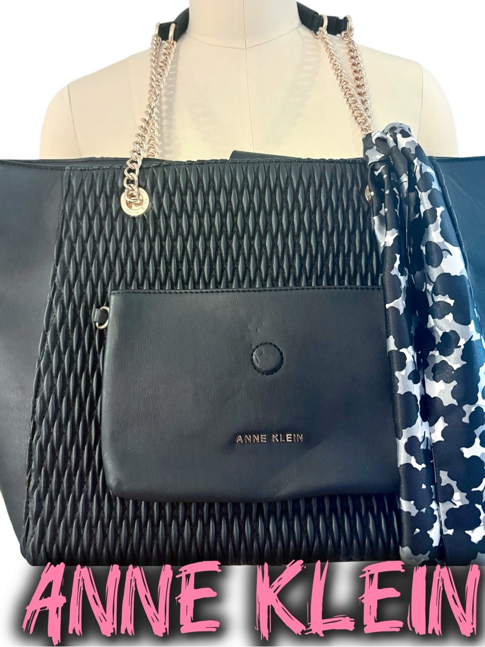 Anne Klein Black Quilted Tote with Gold Chain Straps + Matching Crossbody Purse